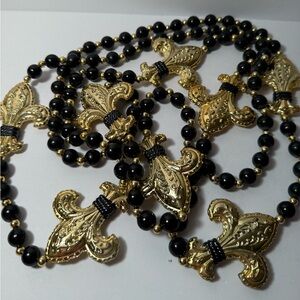 Gold and Black Fleur-de-Lis Beaded Statement Necklace
